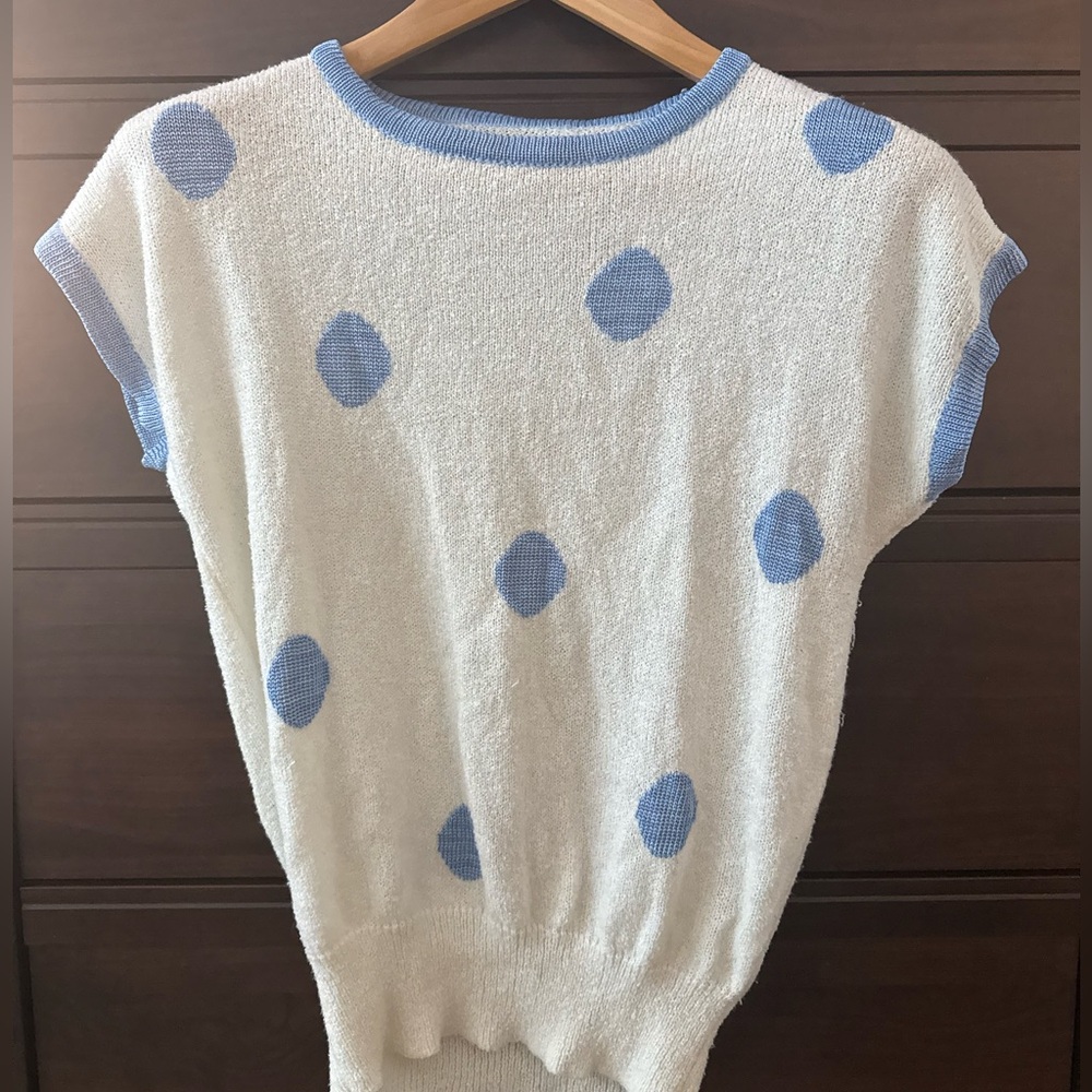 White and Blue Polka Dot Knit Top